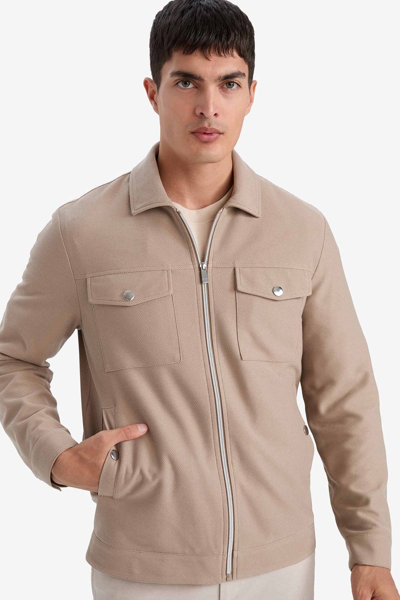 DeFacto Beige Man Slim Fit Polo Collar Lined Zip-Up Jacket Casual - Image 1